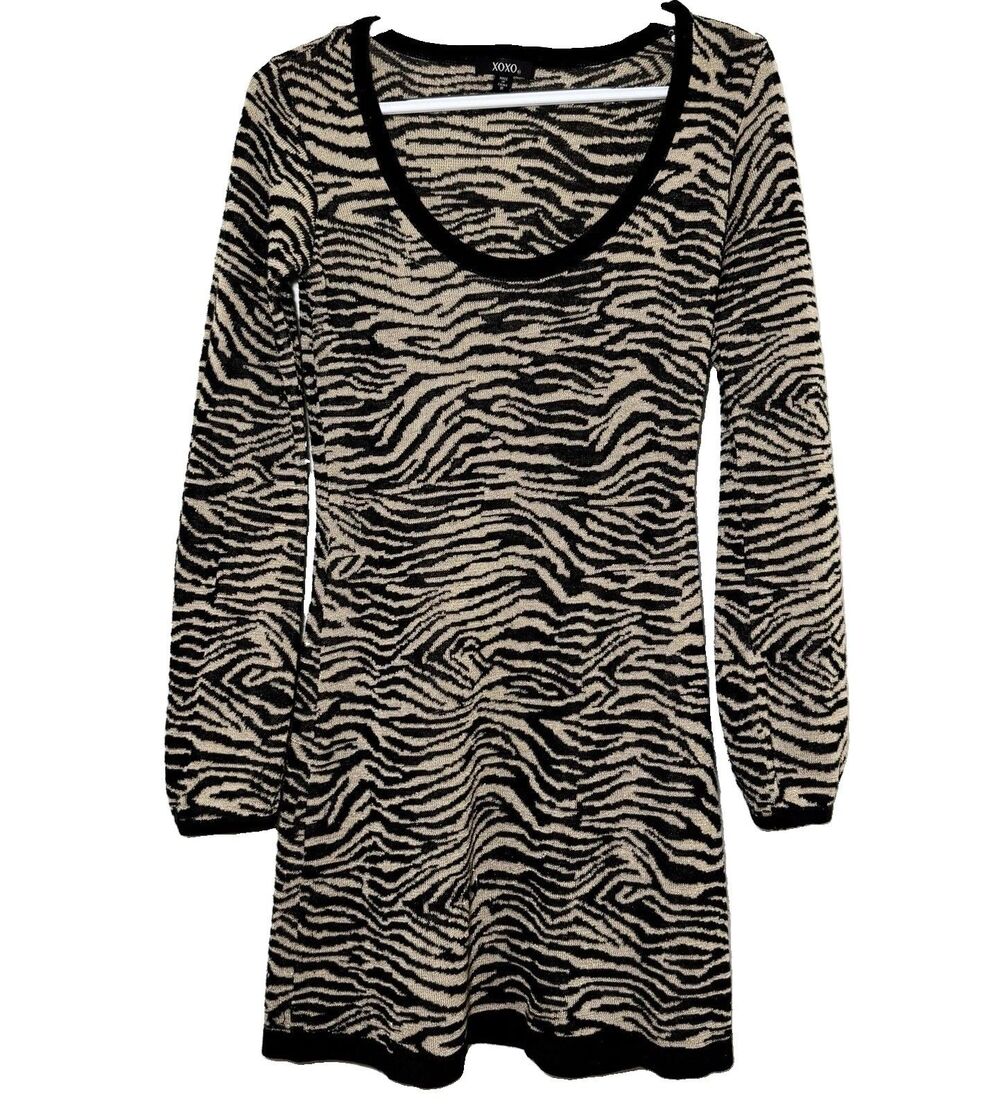 XOXO Zebra Sweater Dress Women’s S Black Gold Metallic Long Sleeve Y2K Mini